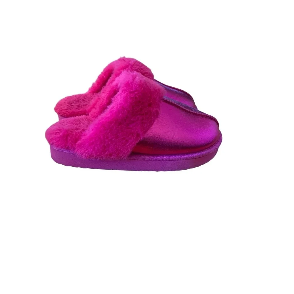 Wonder Nation Metallic Pink Girls Slippers Sz 2-3 Faux Fur‎ Scuff Memory Foam